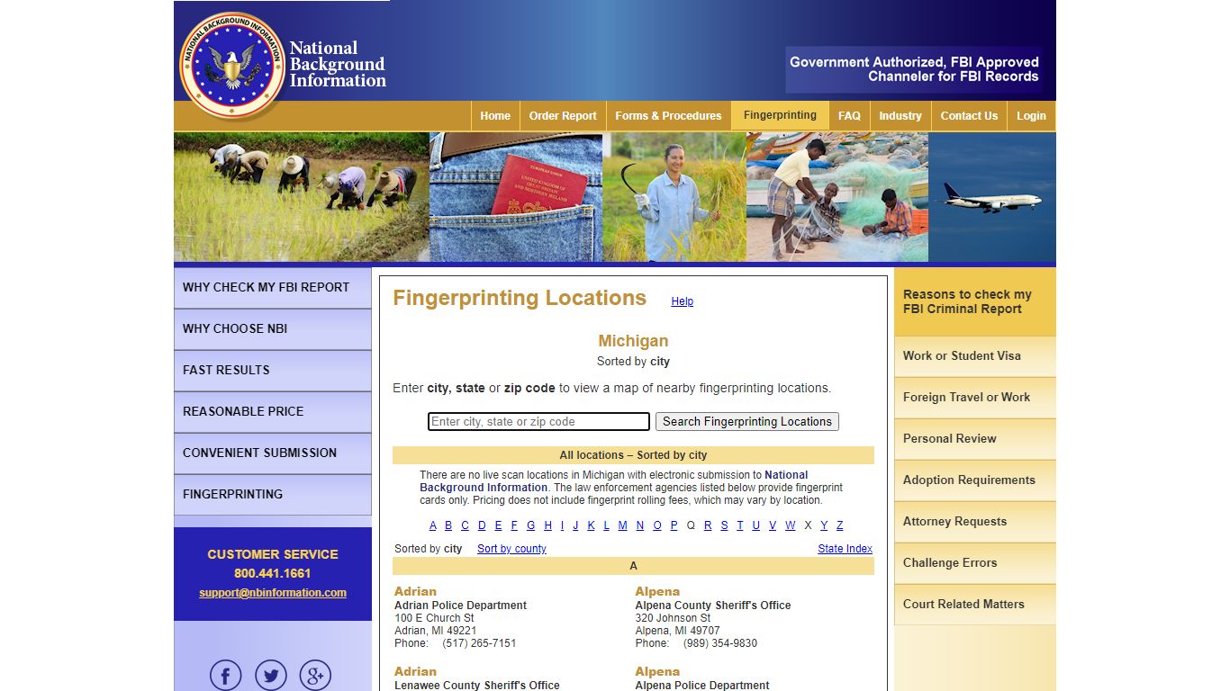 National Background Information - Michigan Fingerprinting Locations